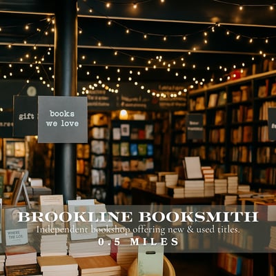Brookline Booksmith; popular bookstore near 58 Kent condos, highlighting neighborhood walkability and retail convenience in Brookline Village.