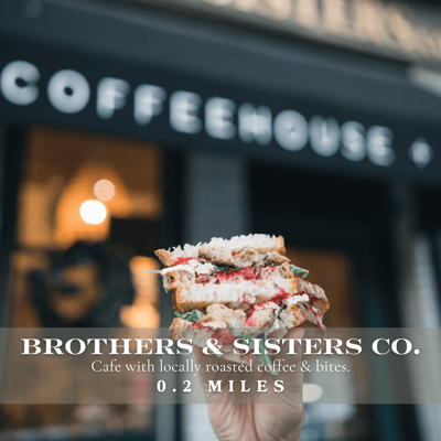 Brothers & Sisters Co. café near 58 Kent Street in Brookline Village; a cozy neighborhood coffee shop just a short walk from luxury condos at 58 Kent, perfect for residents seeking vibrant local dining and community charm.