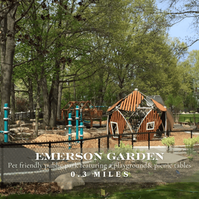 Emerson Garden playground in Brookline; lush, tree-lined neighborhood park located just steps from 58 Kent Street condos, ideal for families seeking green space in walkable Brookline Village.