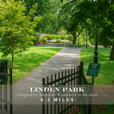 View of Linden Park, a tree-lined green space with walking paths and benches, located 0.2 miles from 58 Kent Street in Brookline, ideal for nearby residents seeking outdoor recreation.