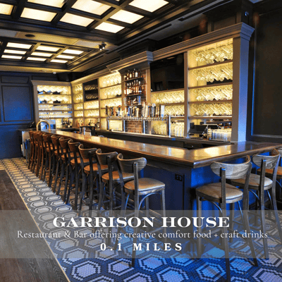 Garrison House restaurant in Brookline Village, located steps from 58 Kent Street condos; offering upscale dining and neighborhood charm in a highly walkable luxury real estate location.