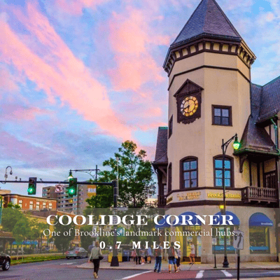 Coolidge Corner; a vibrant neighborhood hub with shops, dining, and entertainment, just a short walk from luxury condos at 58 Kent Street in Brookline.