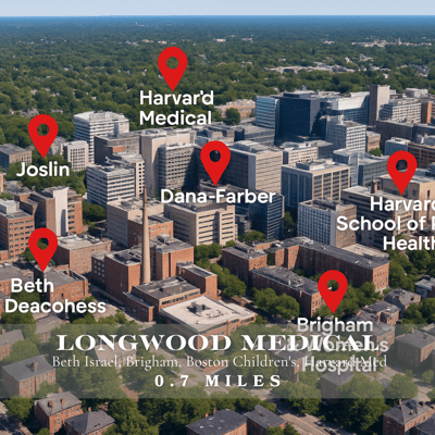 Longwood Medical Area near 58 Kent Street in Brookline; a world-renowned healthcare and research hub just minutes from these luxury condominiums, ideal for medical professionals seeking upscale, walkable living.