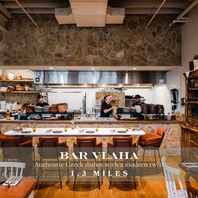 Bar Vlaha restaurant near 58 Kent Street in Brookline; a celebrated Greek dining destination just a short walk from luxury condos at 58 Kent, highlighting the neighborhood’s vibrant culinary scene and walkability.