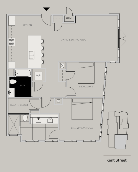Unit 301 floor plan – 2 bed, 2 bath, 1275 sq ft condo at 58 Kent Street, Brookline.