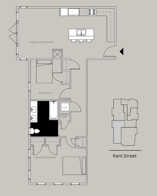 Unit 302 floor plan – 2 bed, 1 bath, 1012 sq ft condo at 58 Kent Street, Brookline.