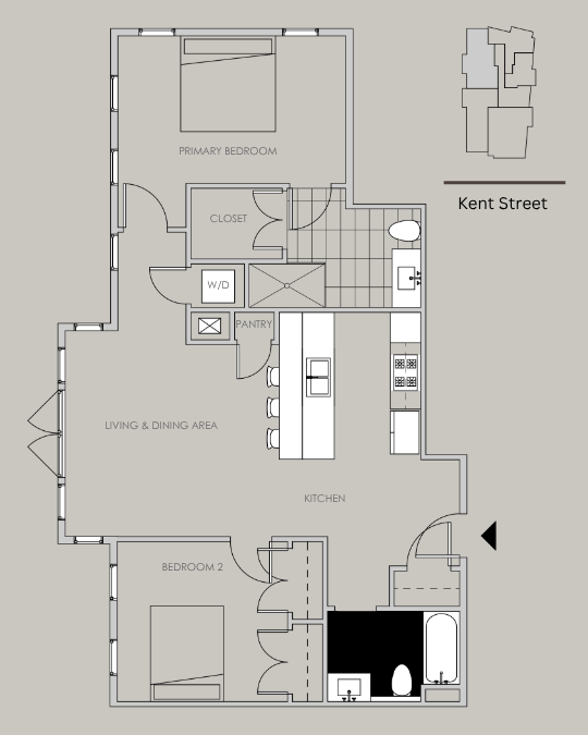 Unit 303 floor plan – 2 bed, 2 bath, 1060 sq ft condo at 58 Kent Street, Brookline.