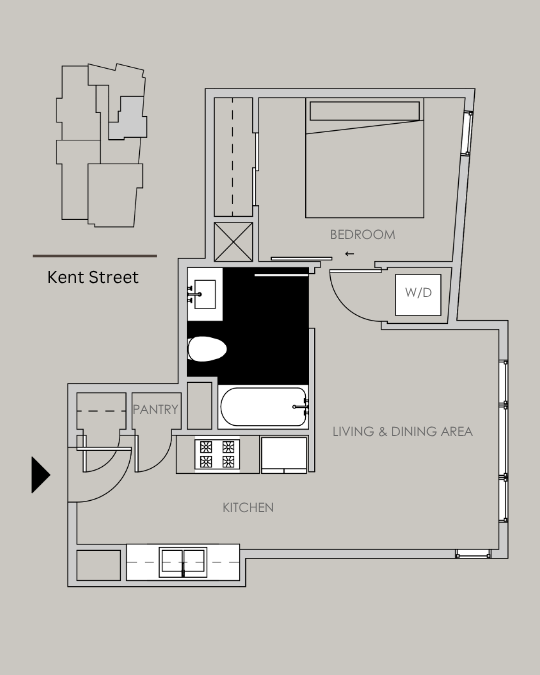 Unit 305 floor plan – 1 bed, 1 bath, 503 sq ft condo at 58 Kent Street, Brookline.