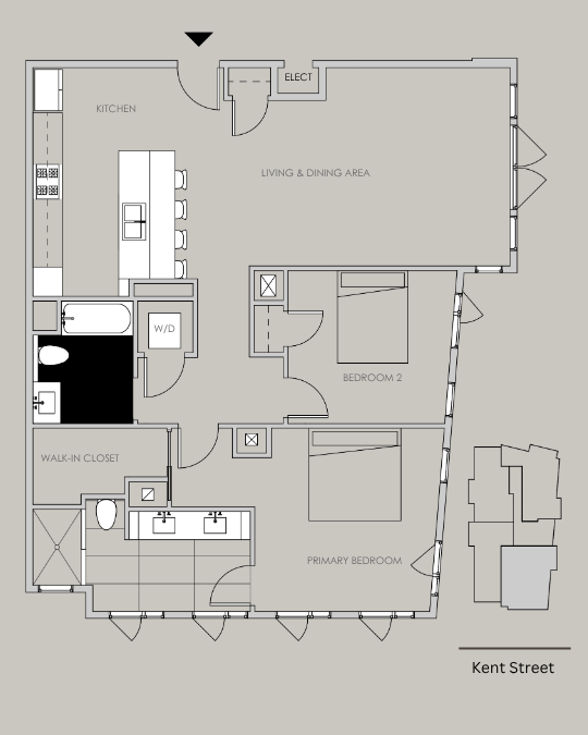 Unit 401 floor plan – 2 bed, 2 bath, 1275 sq ft condo at 58 Kent Street, Brookline.