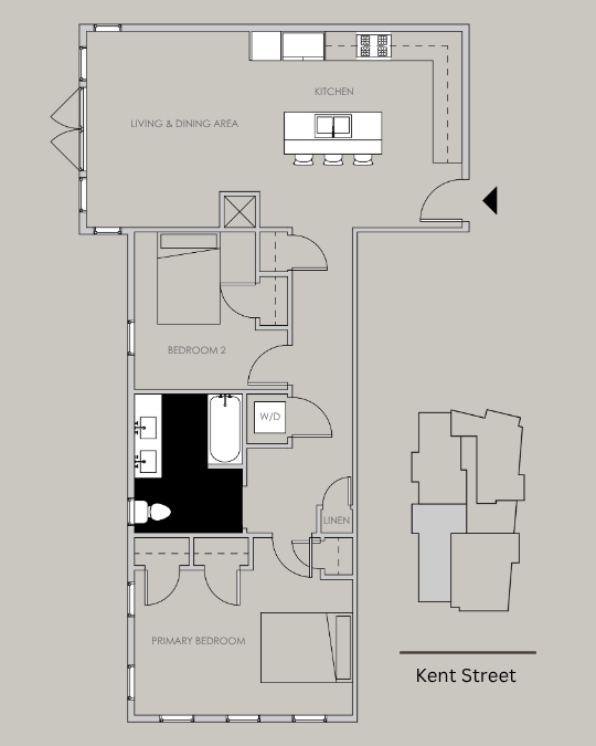 Unit 402 floor plan – 2 bed, 1 bath, 1012 sq ft condo at 58 Kent Street, Brookline.