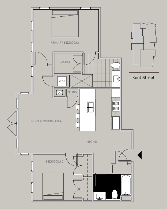 Unit 403 floor plan – 2 bed, 2 bath, 1060 sq ft condo at 58 Kent Street, Brookline.