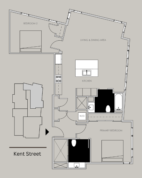 Unit 404 floor plan – 2 bed, 2 bath, 1189 sq ft condo at 58 Kent Street, Brookline.