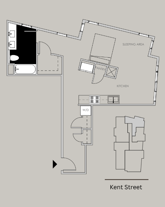 Unit 304 floor plan – studio, 1 bath, 685 sq ft condo at 58 Kent Street, Brookline.