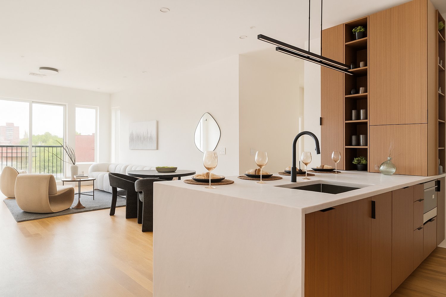 Kitchen island and custom wood millwork in Brookline Village condo at 58 Kent – modern luxury finishes